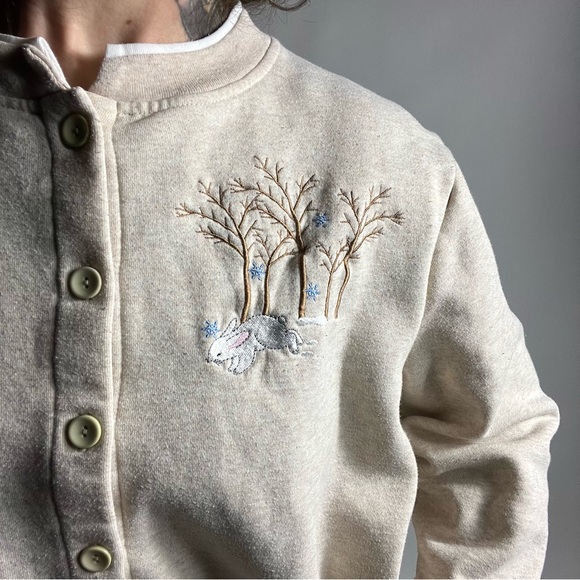 VINTAGE Snow Bunny Cottagecore Button Front Cardigan Sweatshirt Womens Medium P - Picture 5 of 8